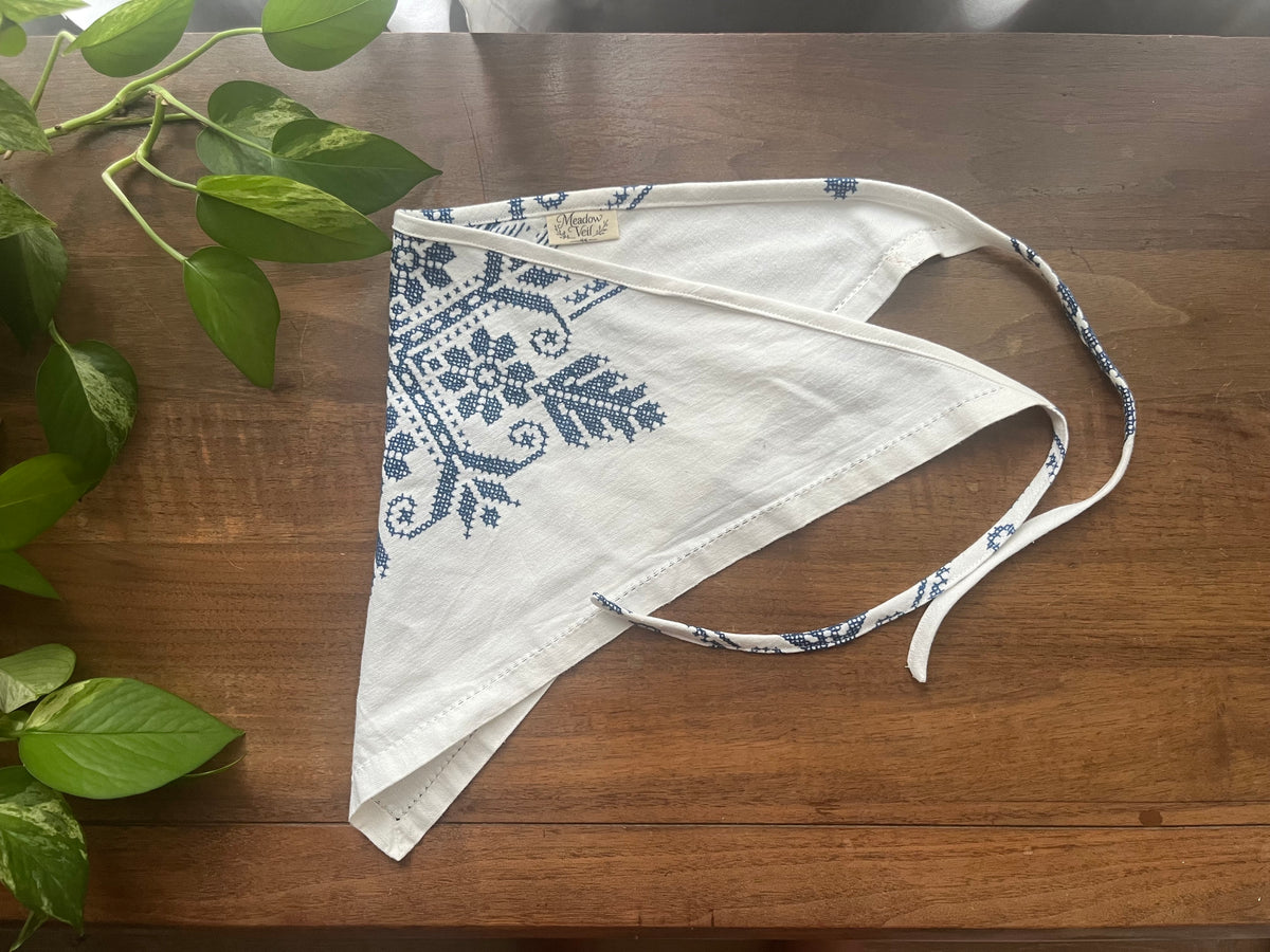 White & Blue Embroidered Headscarf